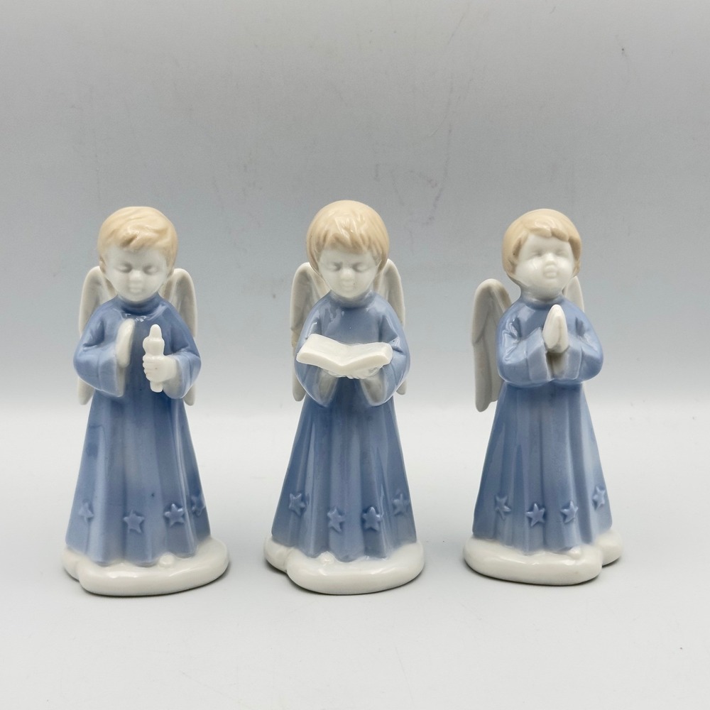 Roman Japan Porcelain‎ Angel Figurines Set of 3 Blue Star Robes Vintage